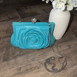 Brighton Turquoise Leather “ My Michelle “Rose Applique Frame Clutch with Chain